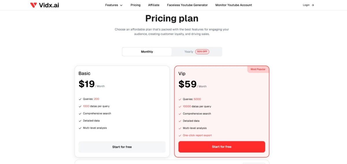 vidx.ai pricing plans