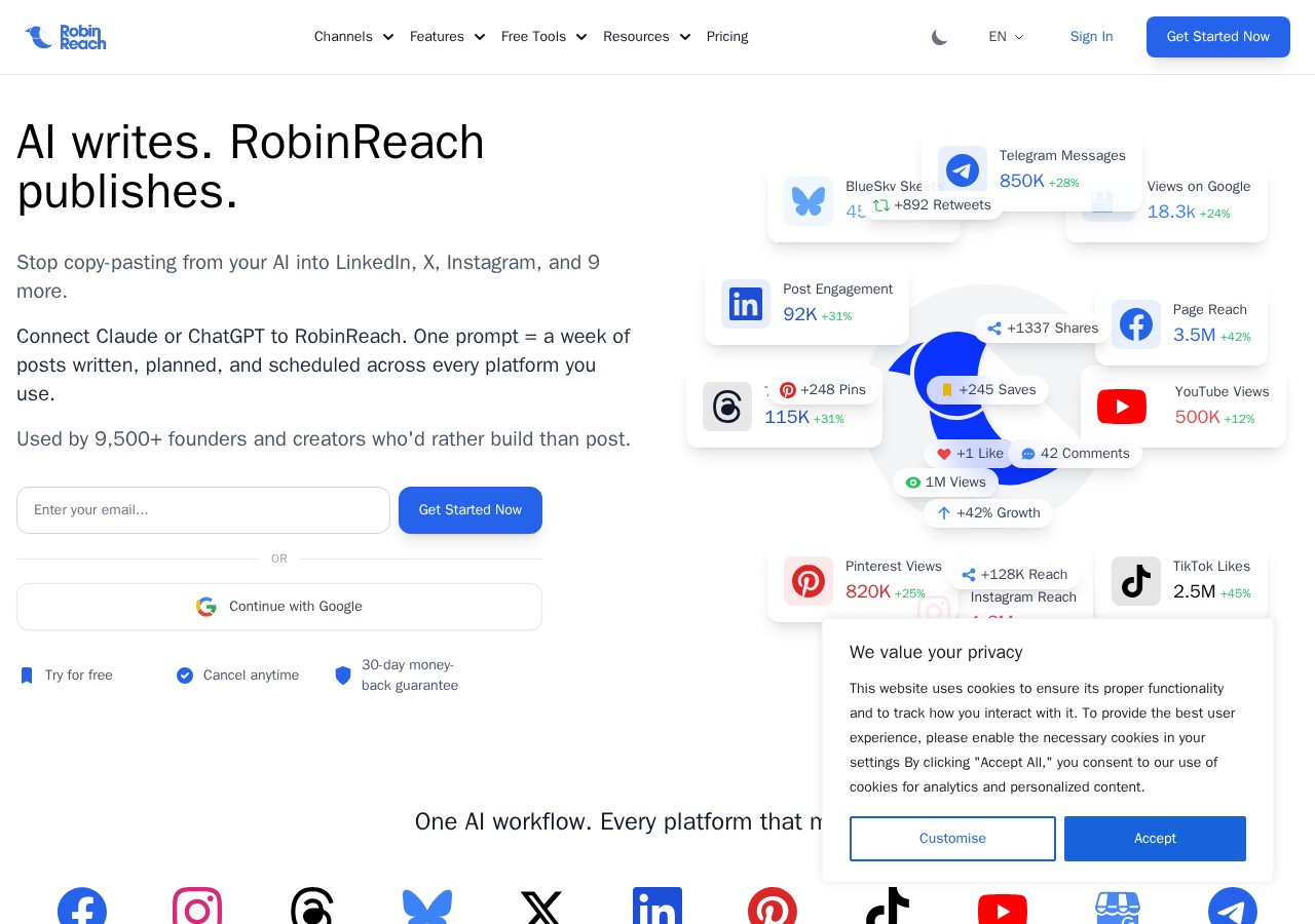 RobinReach Review: The AI Social Media Manager That Posts Everywhere 3 RobinReach homepage showing AI social media management features