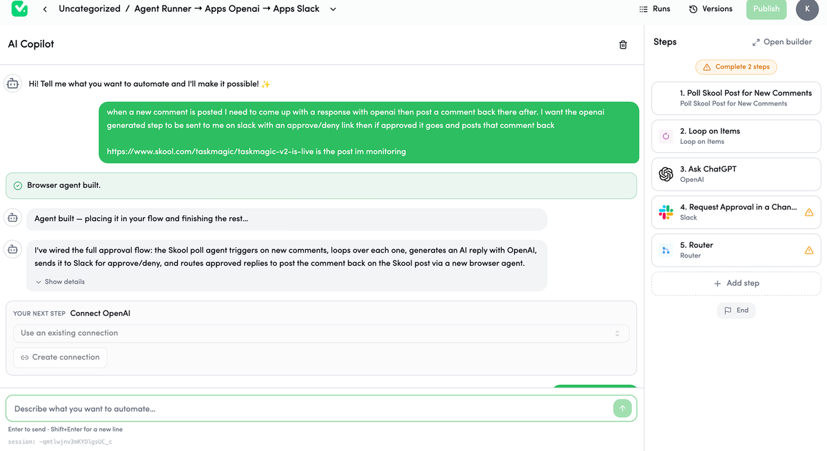 TaskMagic Review: The AI Automation Tool That Does What Zapier Can't 2 TaskMagic AI Copilot interface showing plain English automation builder