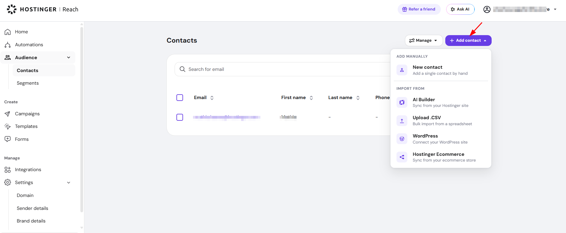 Hostinger Reach AI email campaign editor