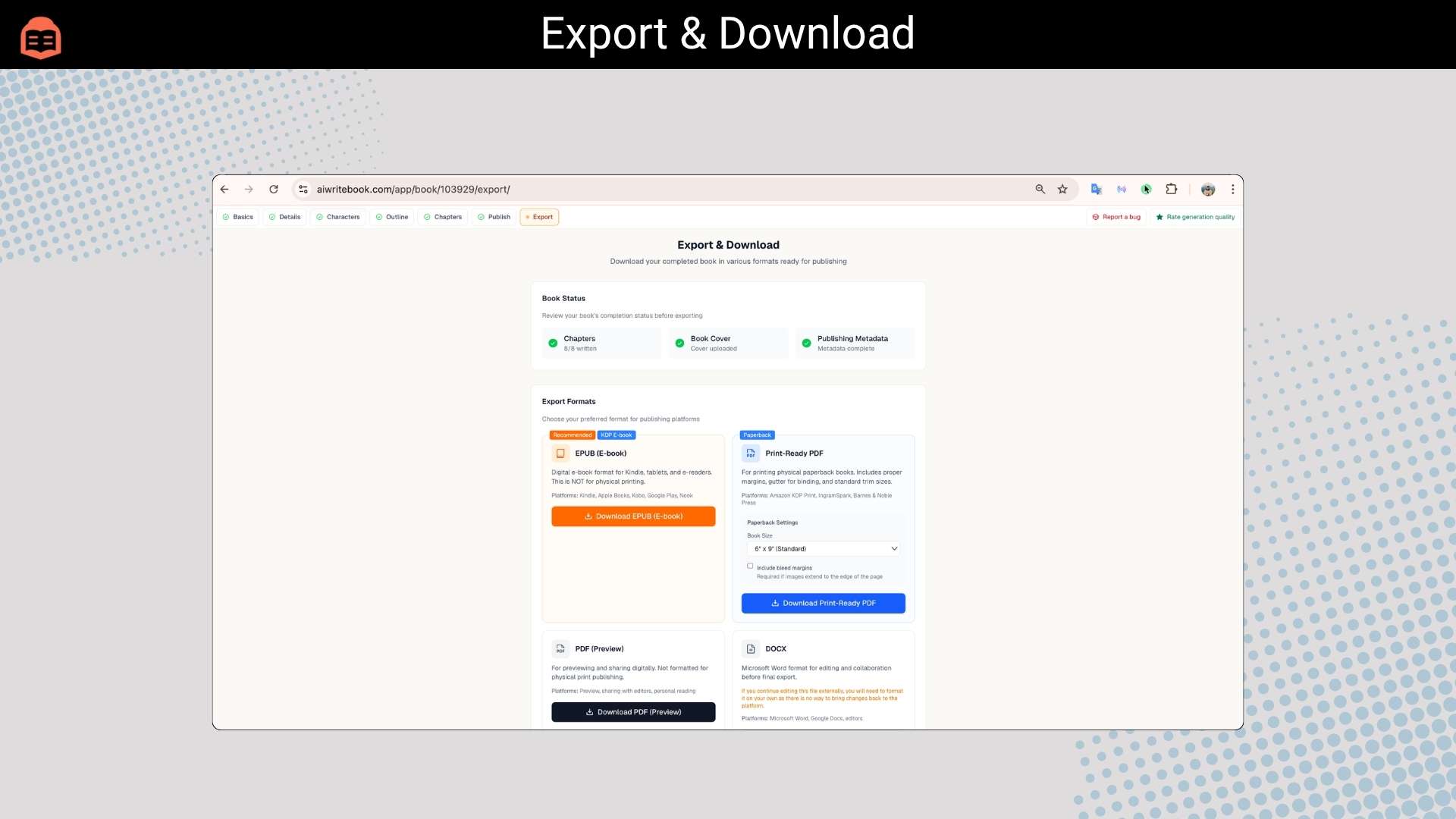 AIWriteBook chapter writing and voice matching interface