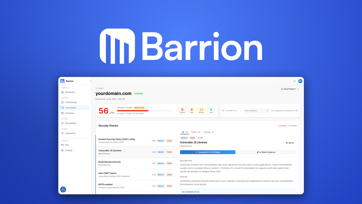 Barrion Review 2026: Is This Web Security Tool Worth It? 1 Barrion dashboard showing security scan results