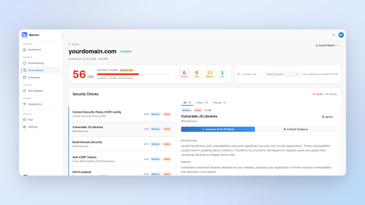 Barrion Review 2026: Is This Web Security Tool Worth It? 2 Barrion scans overview showing security checks and scores