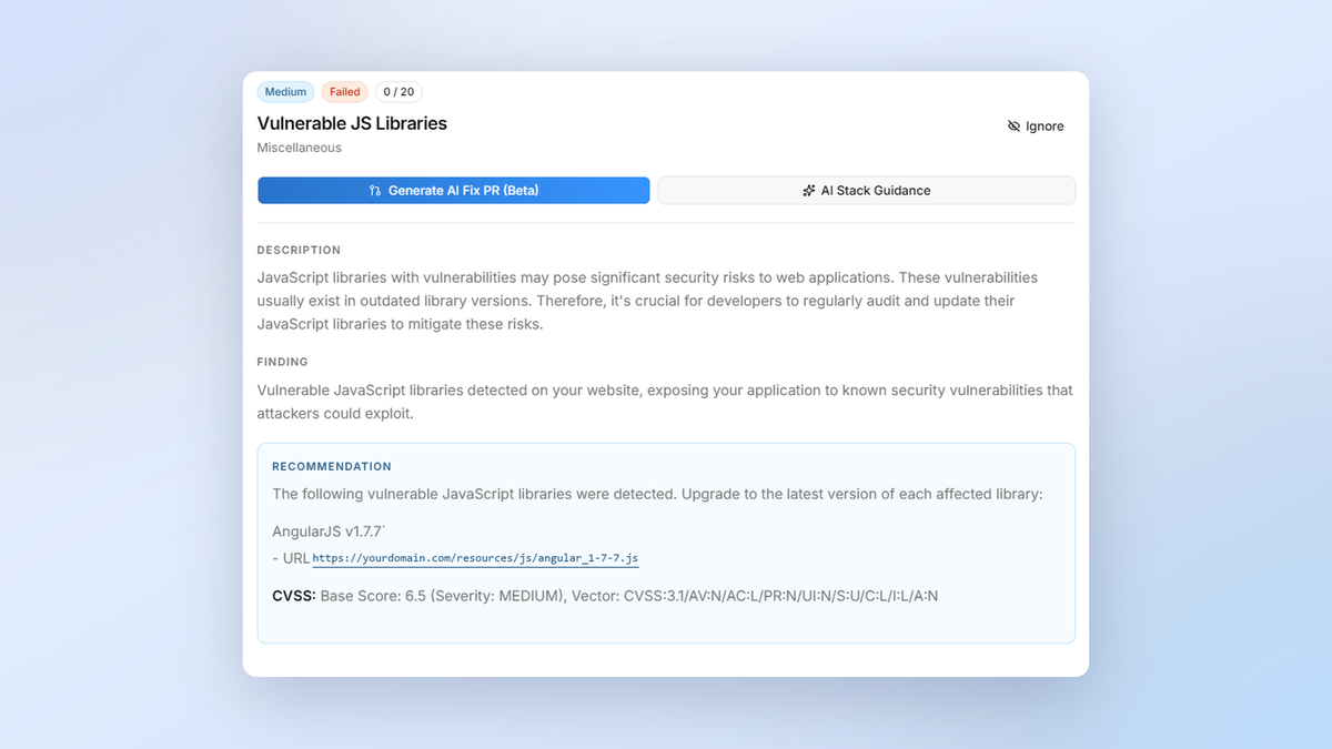 Barrion Review 2026: Is This Web Security Tool Worth It? 3 Barrion scan showing vulnerable JavaScript libraries