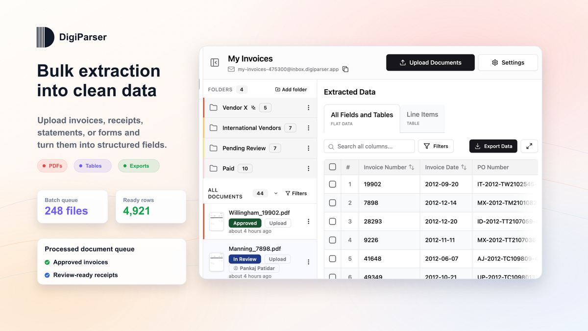 DigiParser dashboard interface showing document processing queue and extraction results