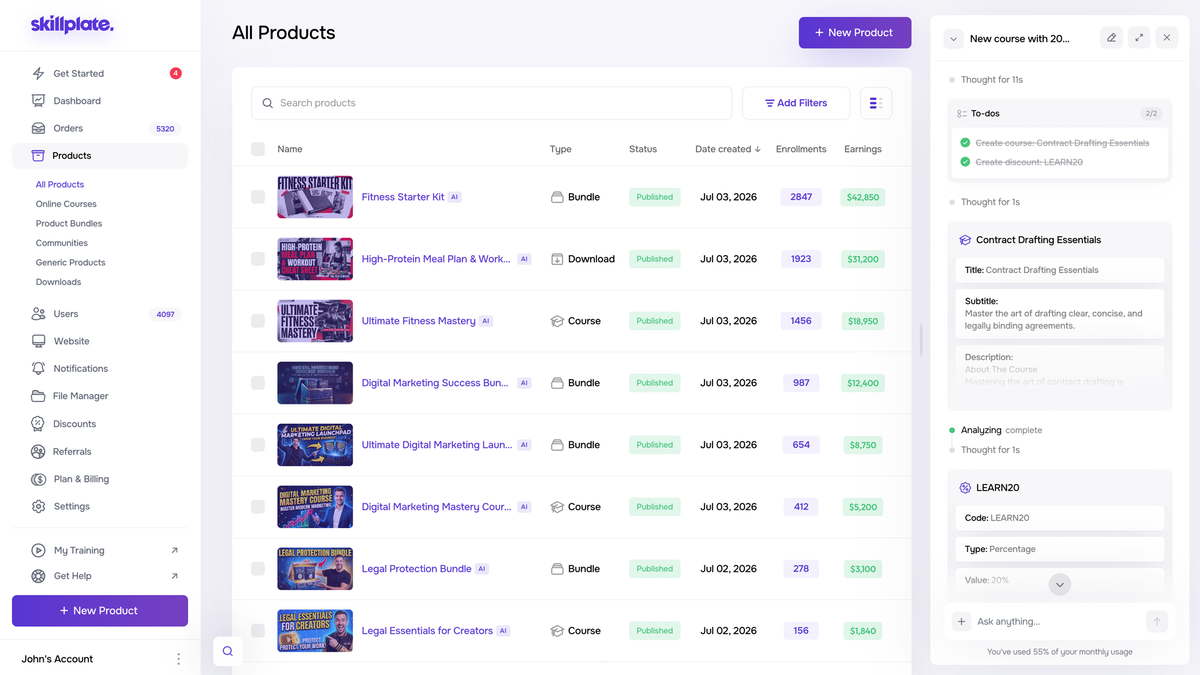 Skillplate Overmind AI product dashboard with AI assistant