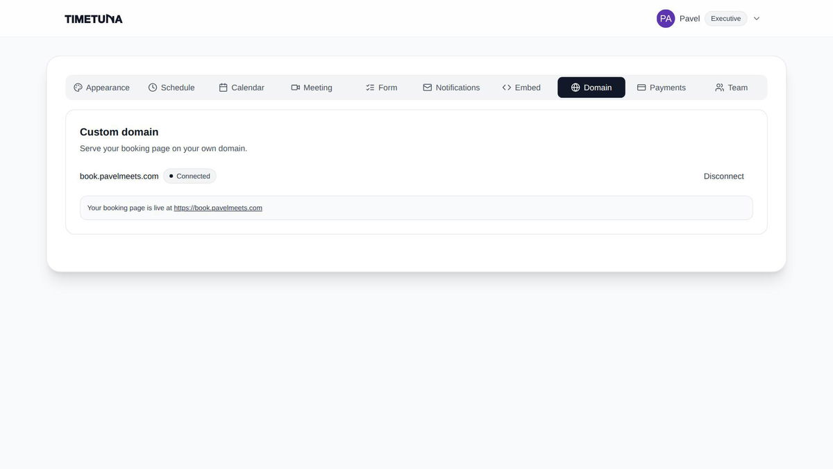 TimeTuna dashboard settings for connecting a custom domain to a booking page