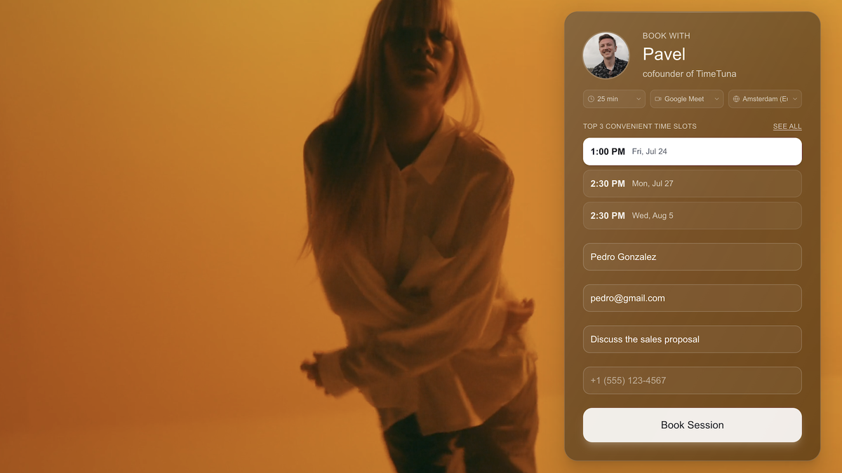 TimeTuna branded booking page with full-screen video background and time slots