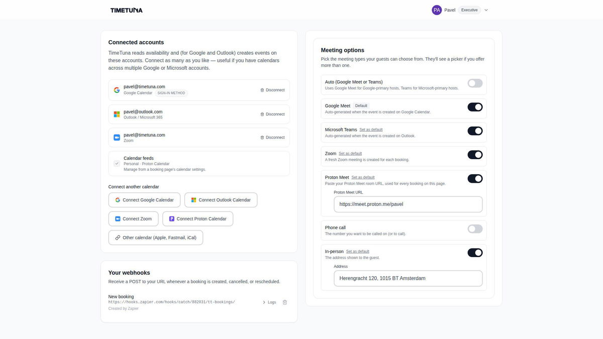 TimeTuna integrations dashboard showing Google Calendar, Outlook, Zoom and Proton connected