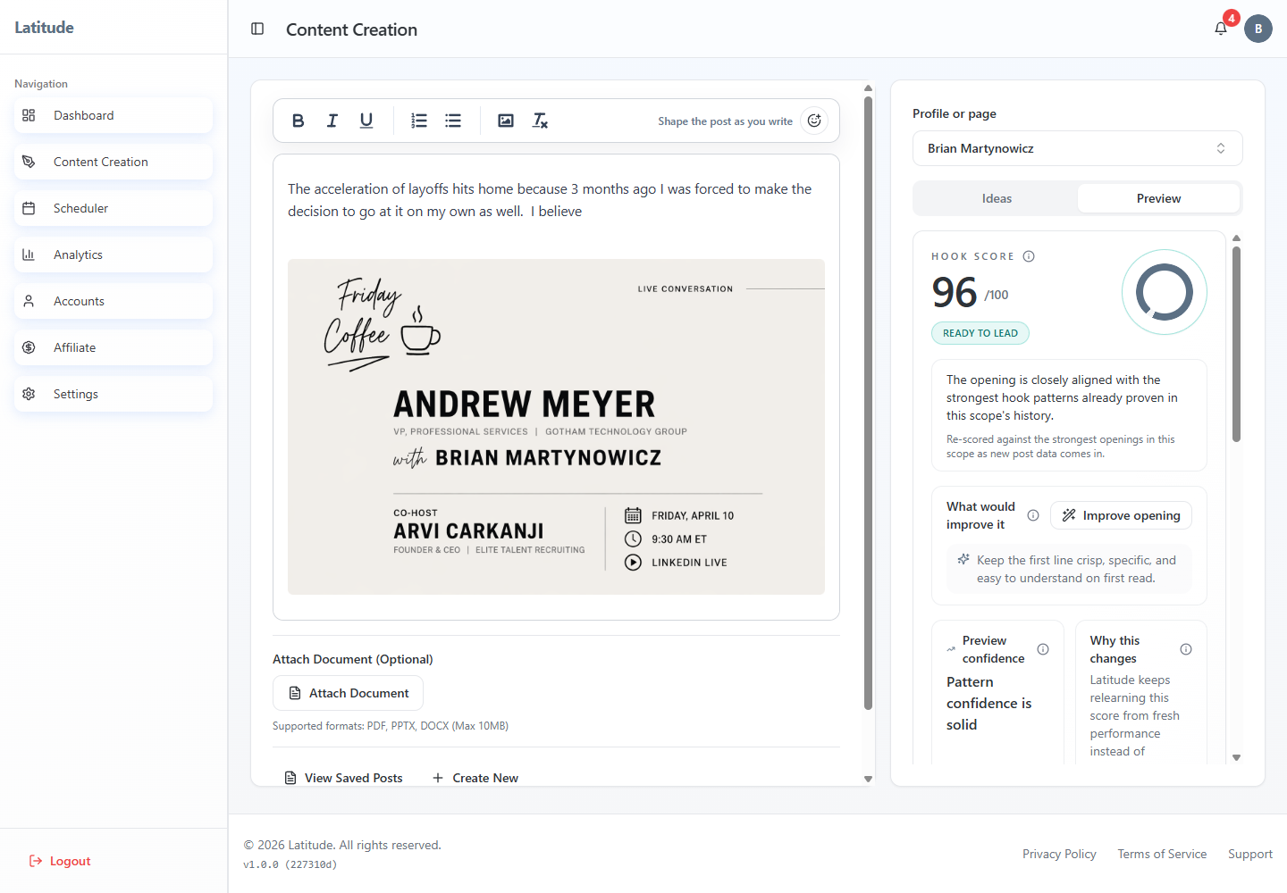 Latitude LinkedIn post editor with voice calibration