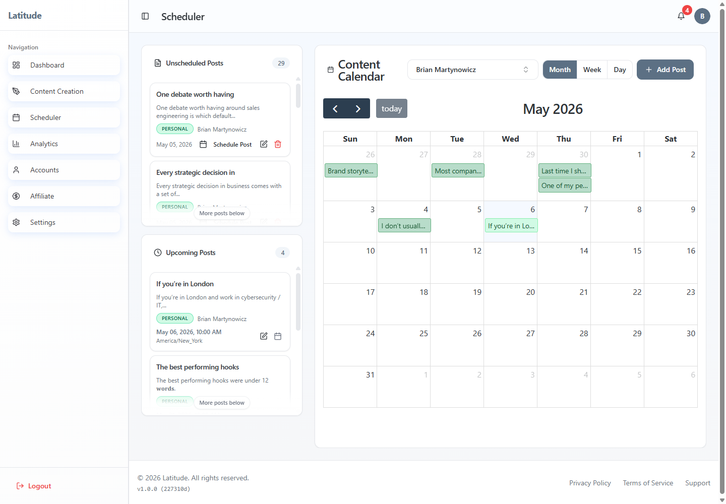Latitude LinkedIn post scheduler calendar