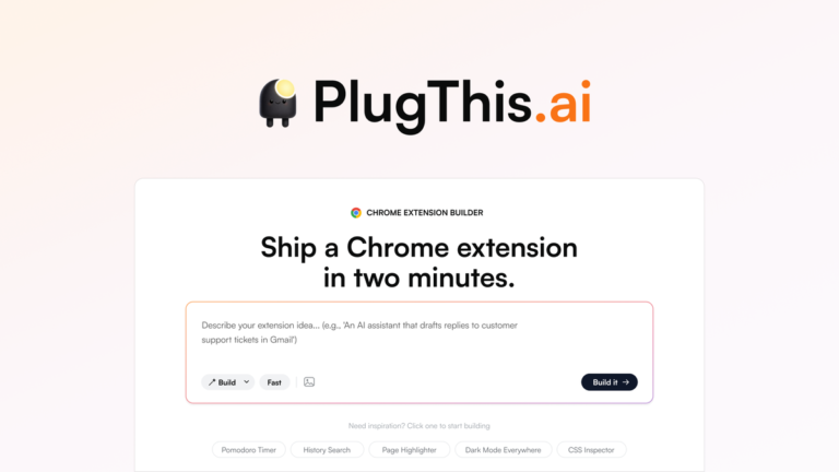 PlugThis AI Review 2026: Build Chrome Extensions Fast 5 PlugThis AI builder showing the prompt box to describe a Chrome extension idea
