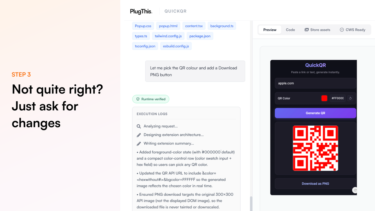 Refining a Chrome extension in PlugThis AI chat with a live dark-mode preview of a QR code generator