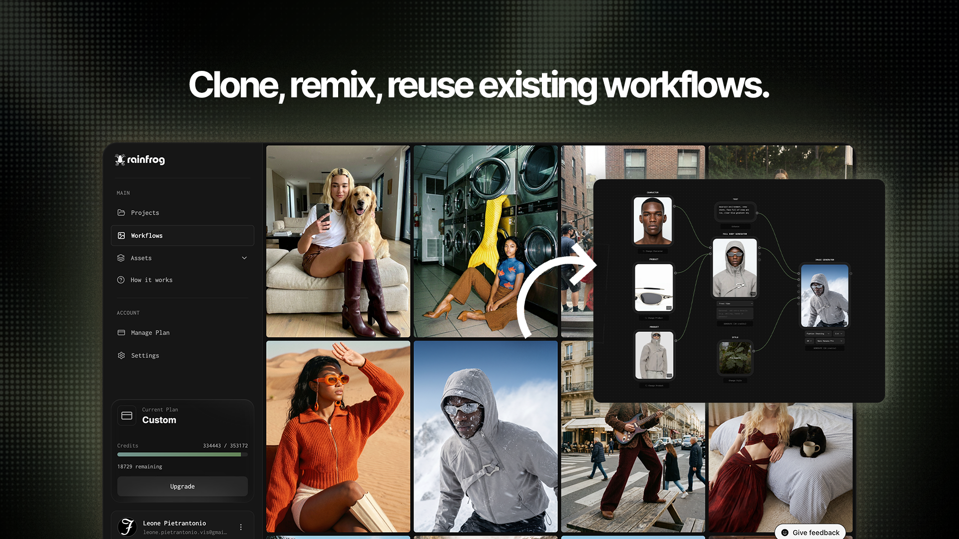 Rainfrog AI generated campaign gallery with clone and remix workflows