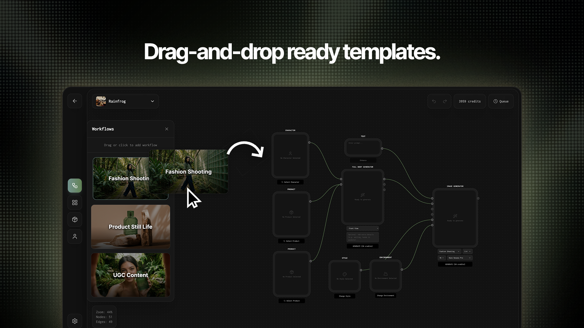 Rainfrog AI drag and drop ready templates into a node workflow