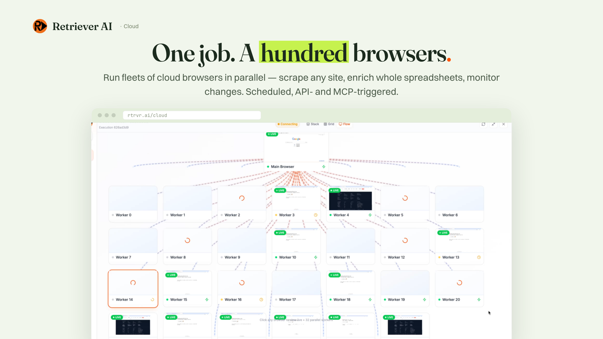 Retriever AI cloud dashboard running parallel browser automations