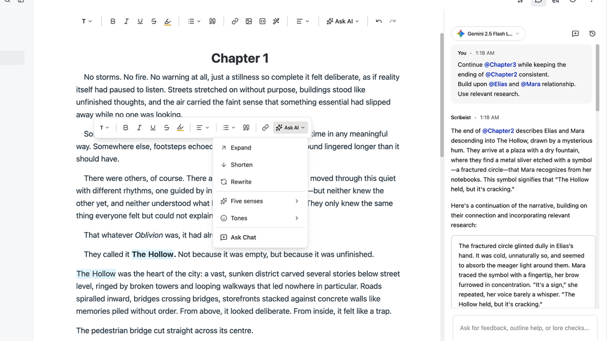 Scribeist Review: The AI Writing Workspace Worth It in 2026? 2 Scribeist AI writing assistant with expand, shorten, and rewrite tools