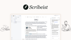 Scribeist AI writing workspace interface with chapter editor and AI chat panel