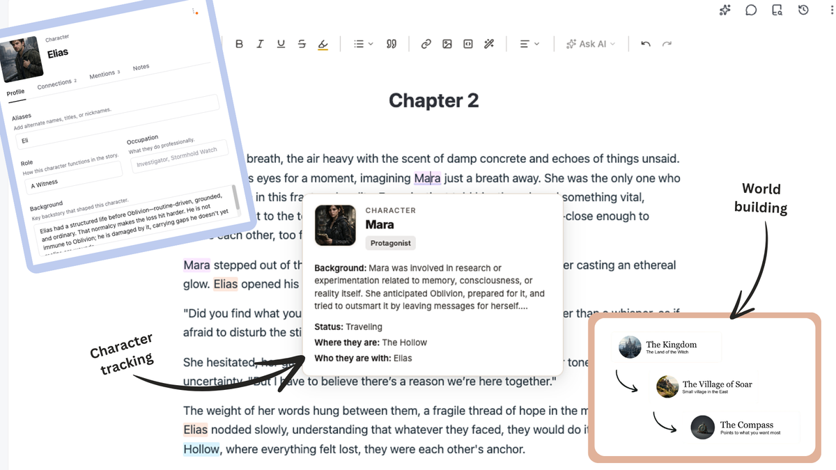 Scribeist Review: The AI Writing Workspace Worth It in 2026? 4 Scribeist Mythos character tracking and world building panel