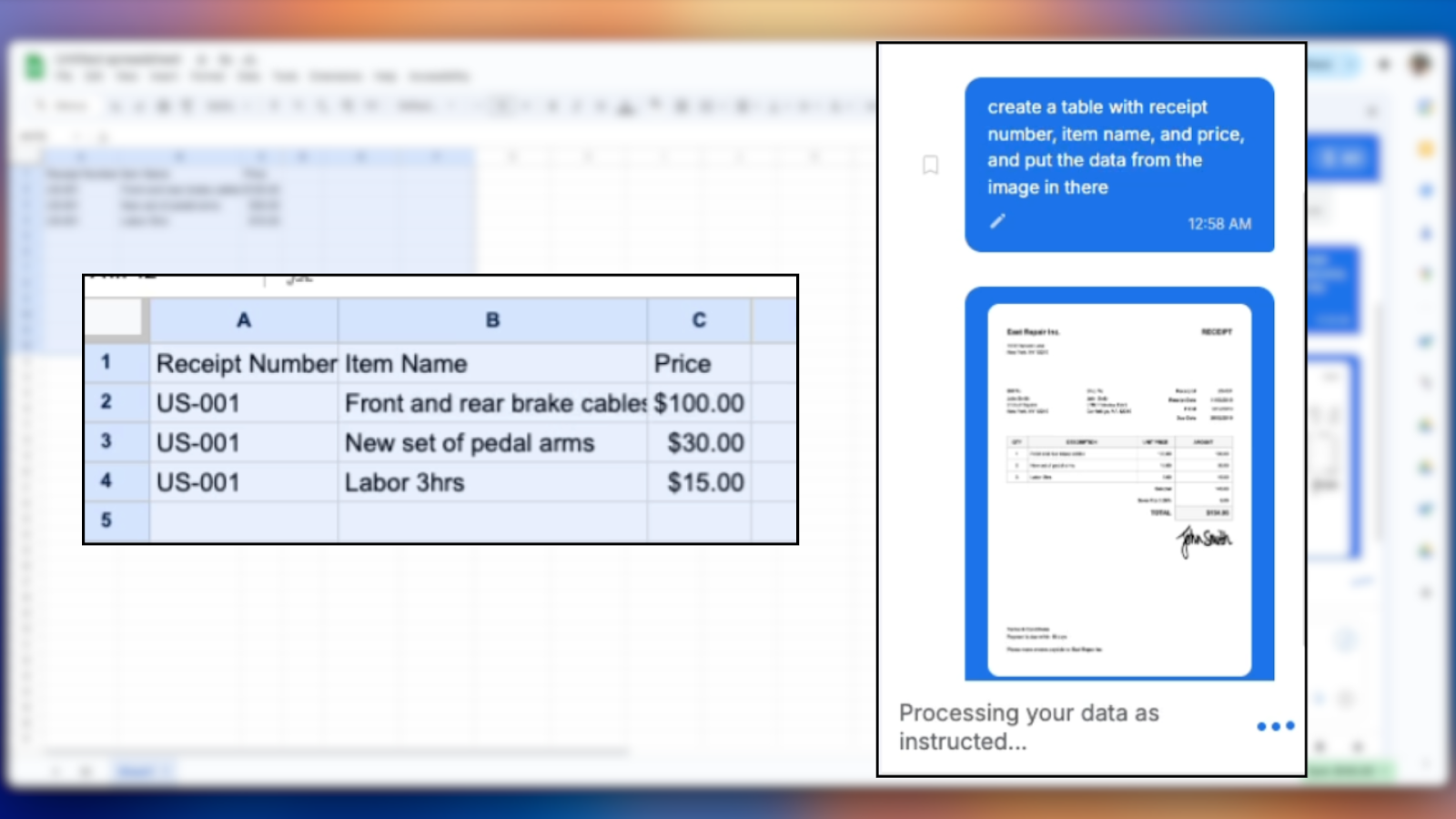 SheetXAI converting an invoice into a spreadsheet table