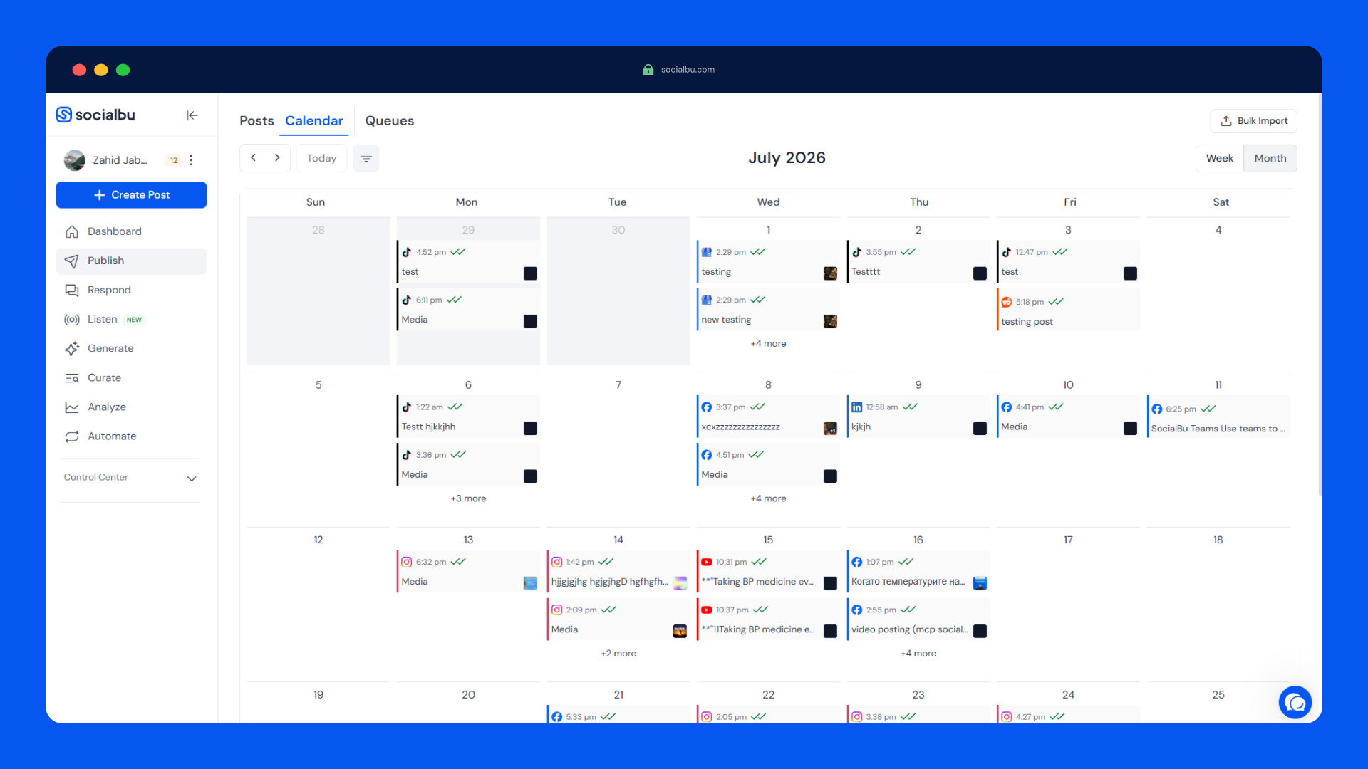 SocialBu content calendar for scheduling posts