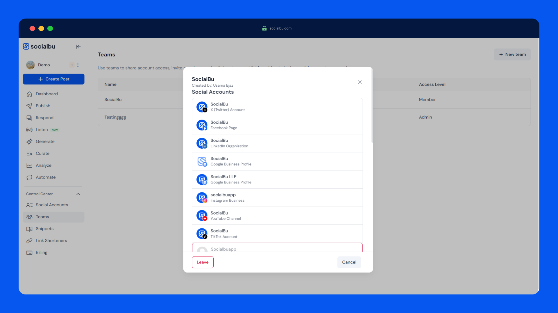 SocialBu multi-brand workspace view