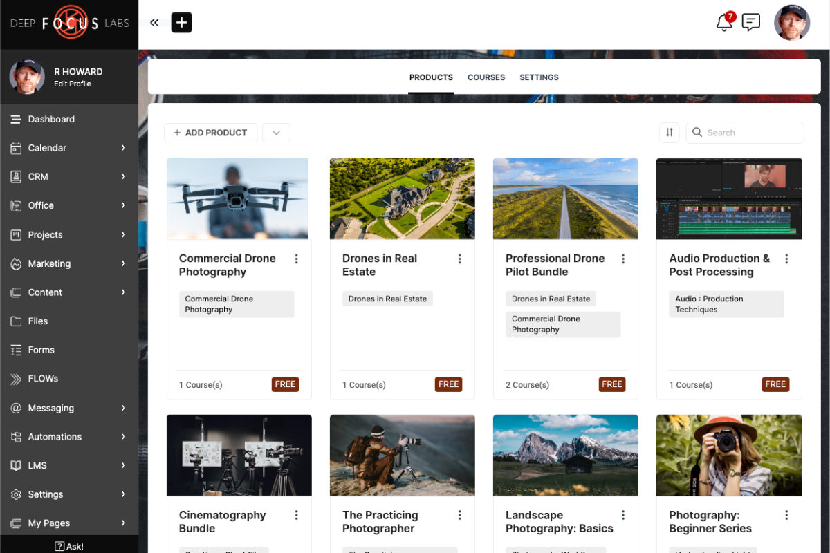 SuiteDash dashboard showing product management and course interface