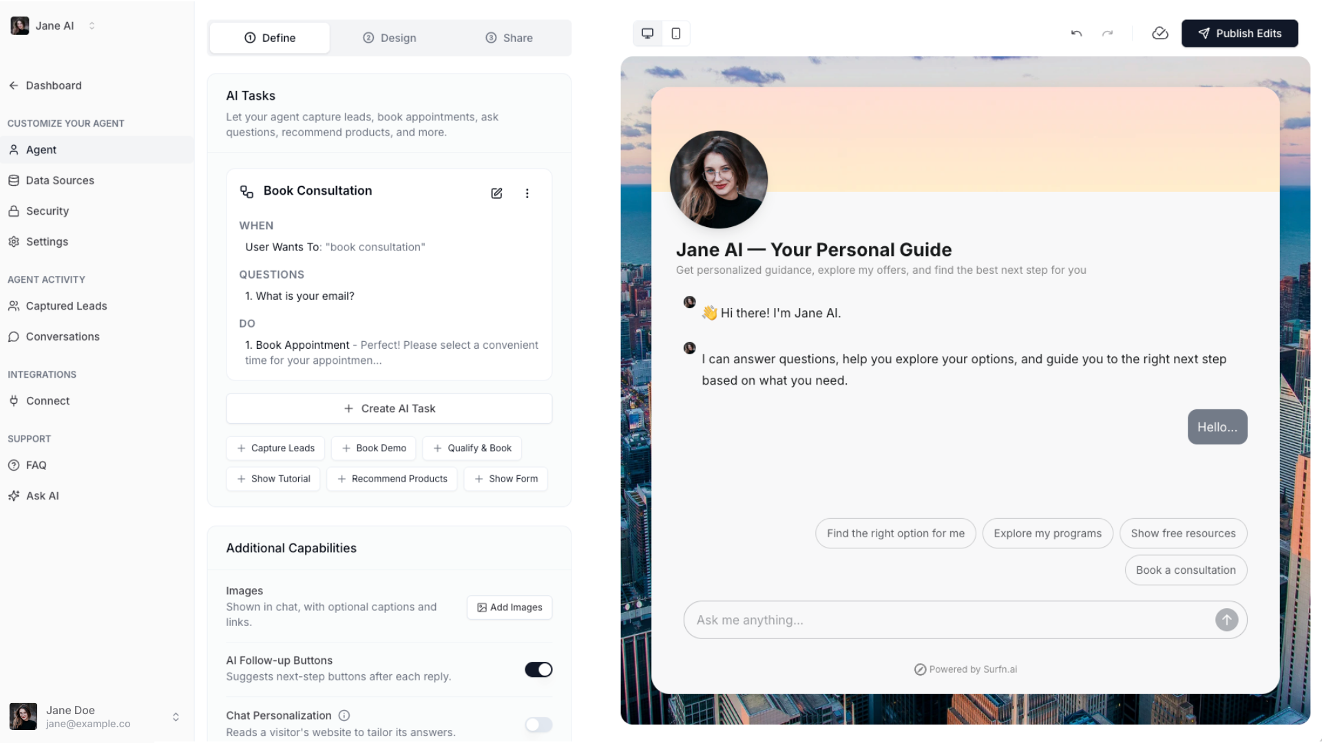 Surfn AI Define tab where you configure AI Tasks and conversation triggers