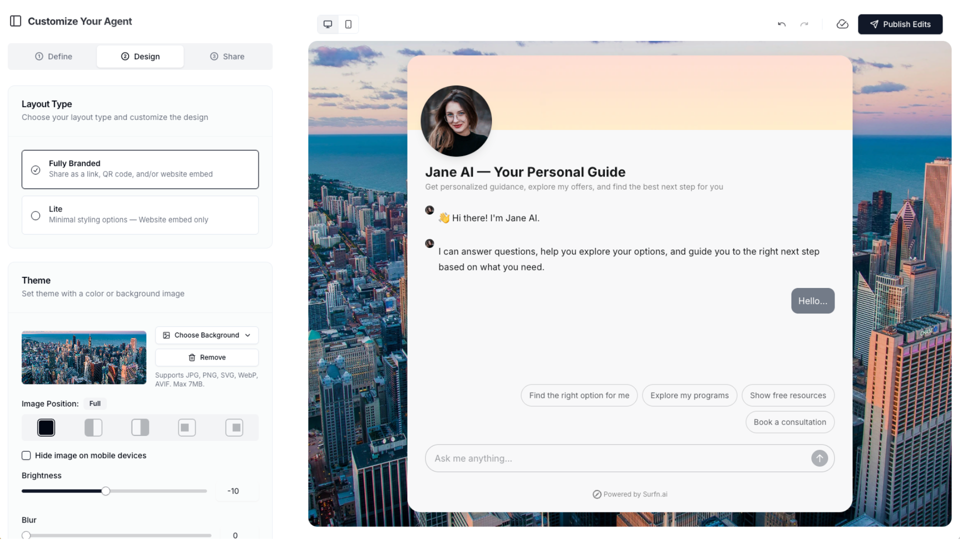Surfn AI Design tab for customizing agent layout, background, and theme