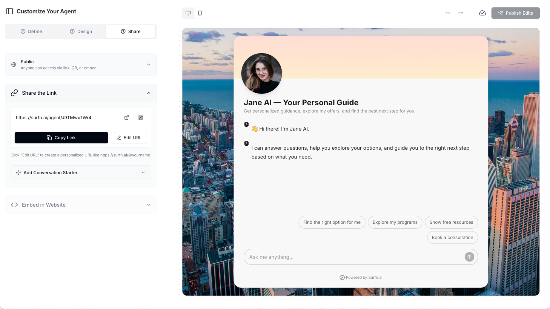 Surfn AI Share tab with public link, QR code, and website embed options
