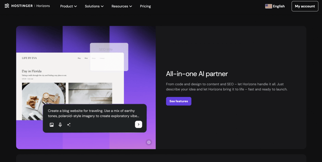 Hostinger Horizons AI website builder vibe coding interface