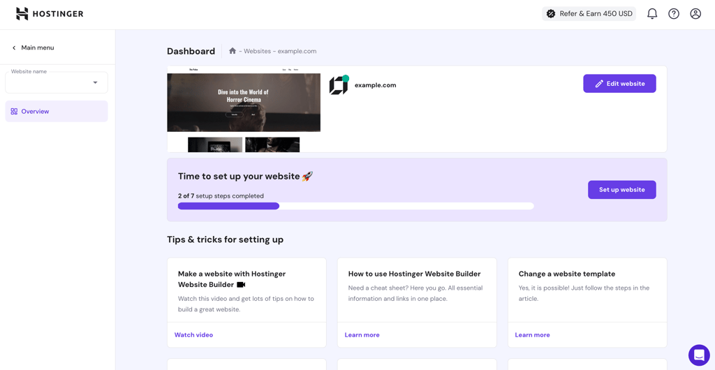 Hostinger hPanel dashboard showing website management