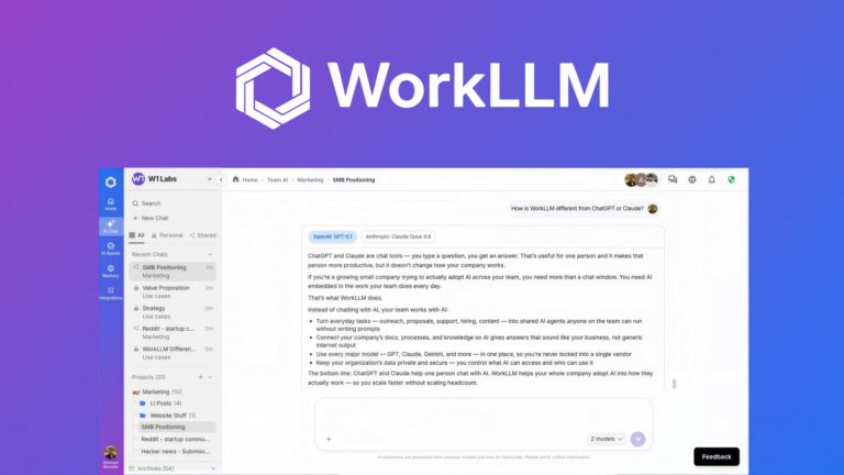 WorkLLM AI workspace dashboard with model tabs