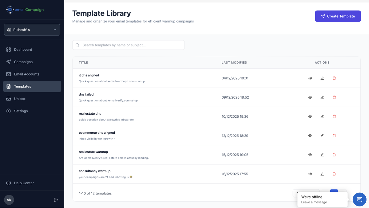 XemailCampaign template library for managing warmup and campaign email templates