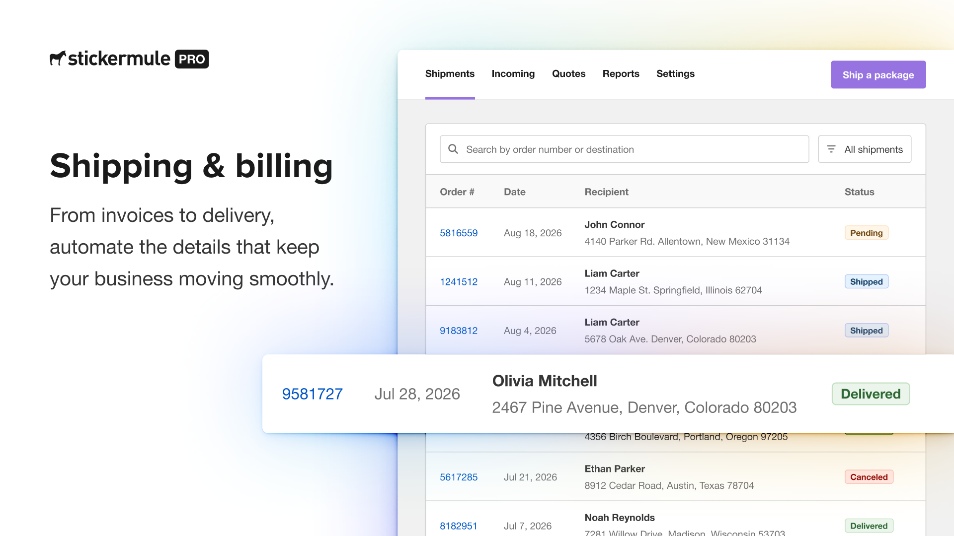 Sticker Mule Pro Ship dashboard with order tracking