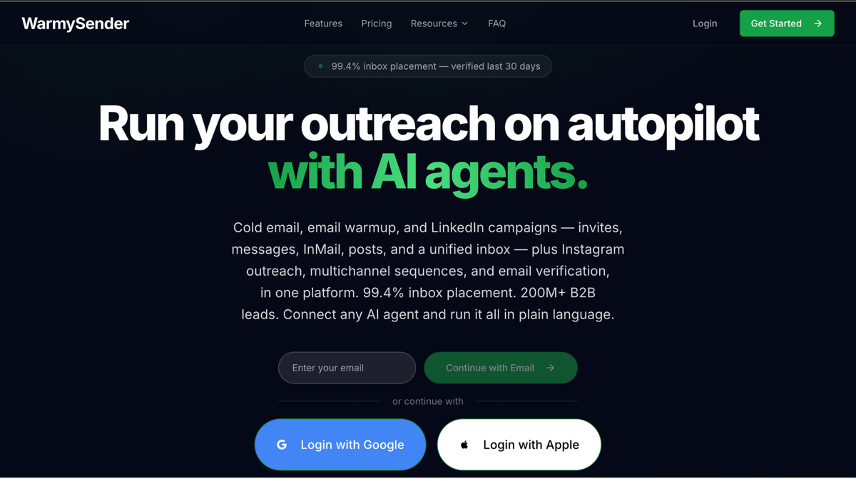 WarmySender Review: Is This Cold Email Platform Worth It? 2 WarmySender homepage showing cold email, email warmup and multichannel outreach in one platform