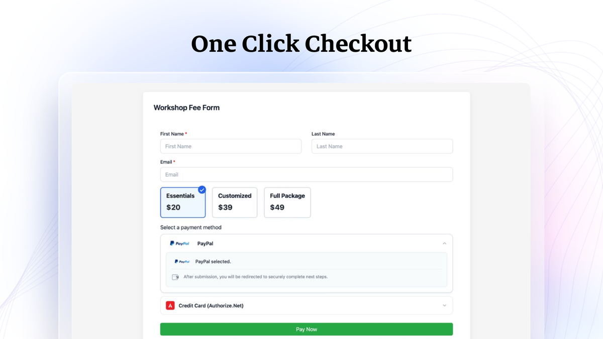 WPSmartPay one-click checkout form with name, email, and payment method fields and a green pay now button